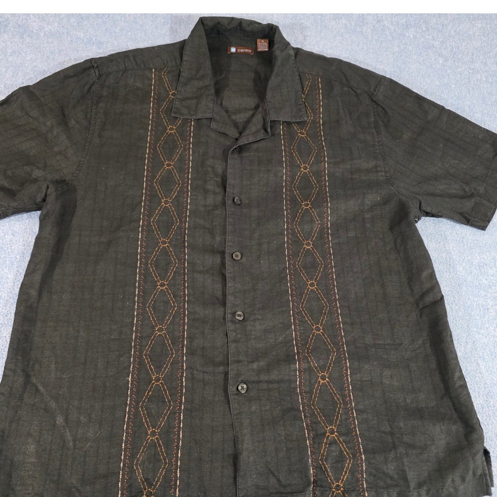 Centro Mens XL Black Ramie Cotton Embroidered Guayabera Style Camp Shirt S/S